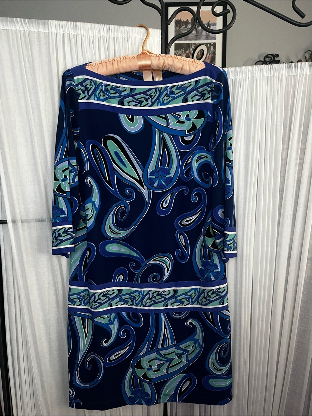 Ali Ro Navy and Teal Paisley-Print Long-Sleeve Dress